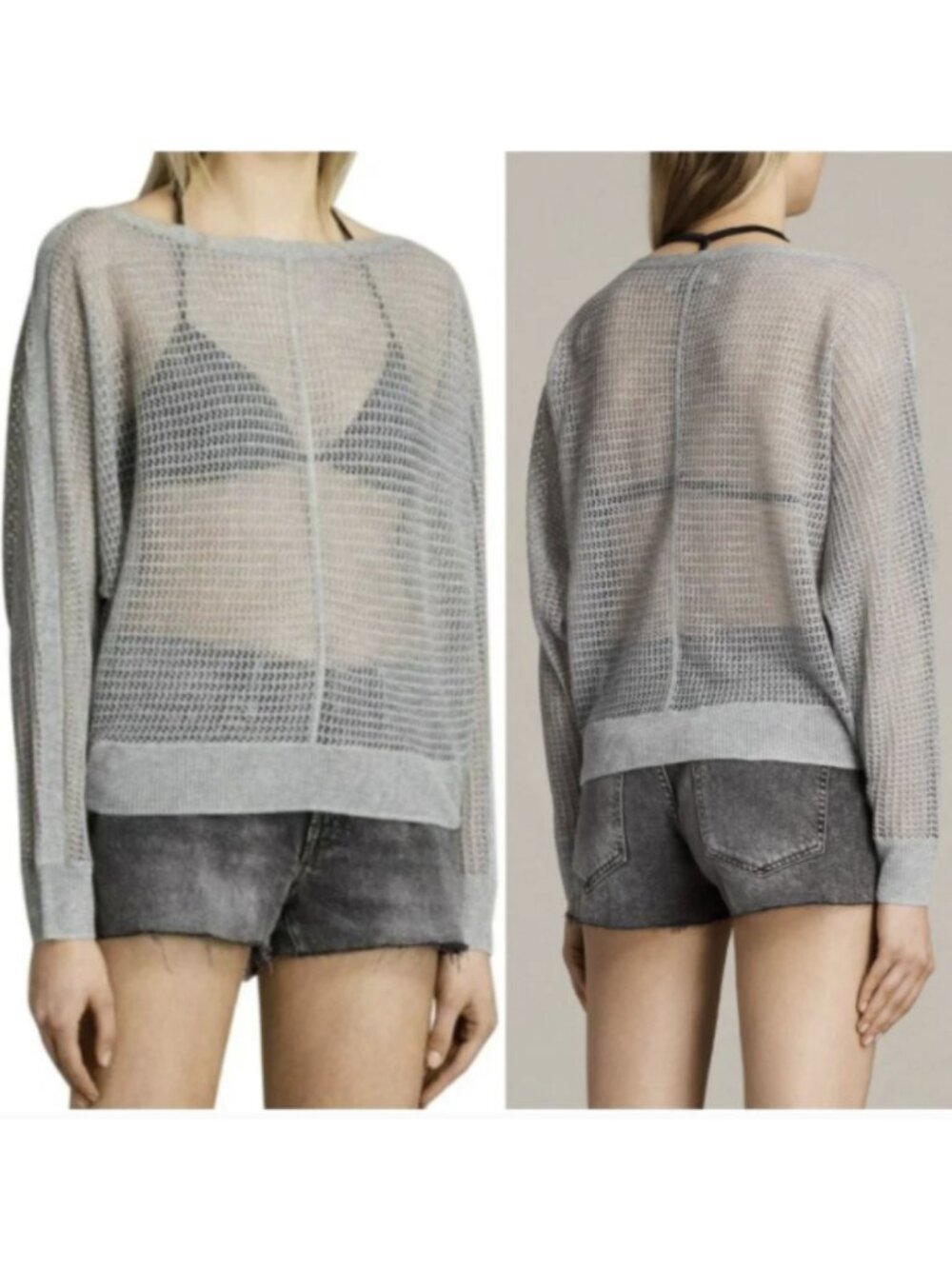 ALL SAINTS Elle Levita Open Knit Dolman Long Sleeve Jumper Sweater Small Gray